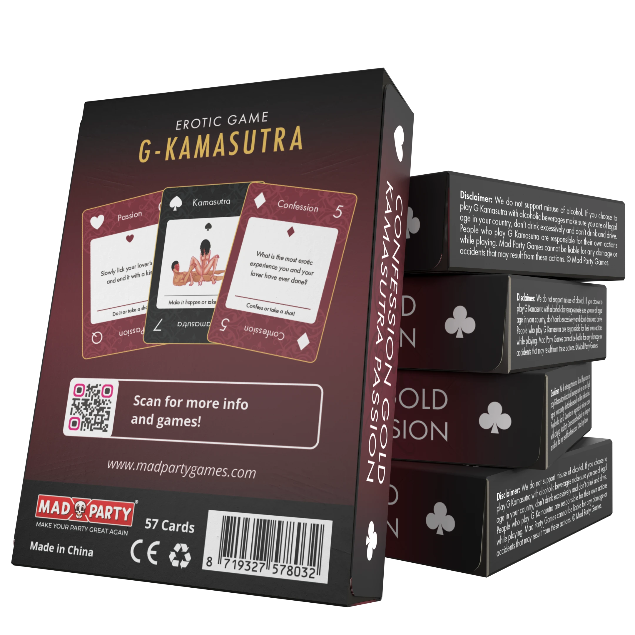 G-Kamasutra kaartspel met donkerrode verpakking, speelkaarten en goudkleurig design voor een erotisch partyspel voor volwassenen.