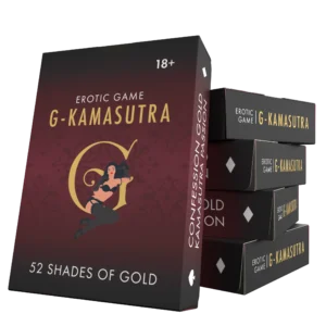 G-Kamasutra kaartspel met donkerrode verpakking, speelkaarten en goudkleurig design voor een erotisch partyspel voor volwassenen.