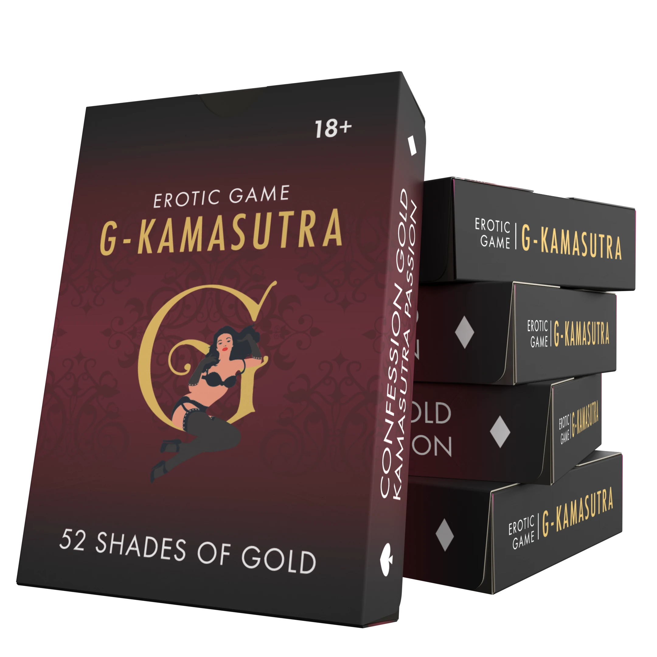 G-Kamasutra kaartspel met donkerrode verpakking, speelkaarten en goudkleurig design voor een erotisch partyspel voor volwassenen.