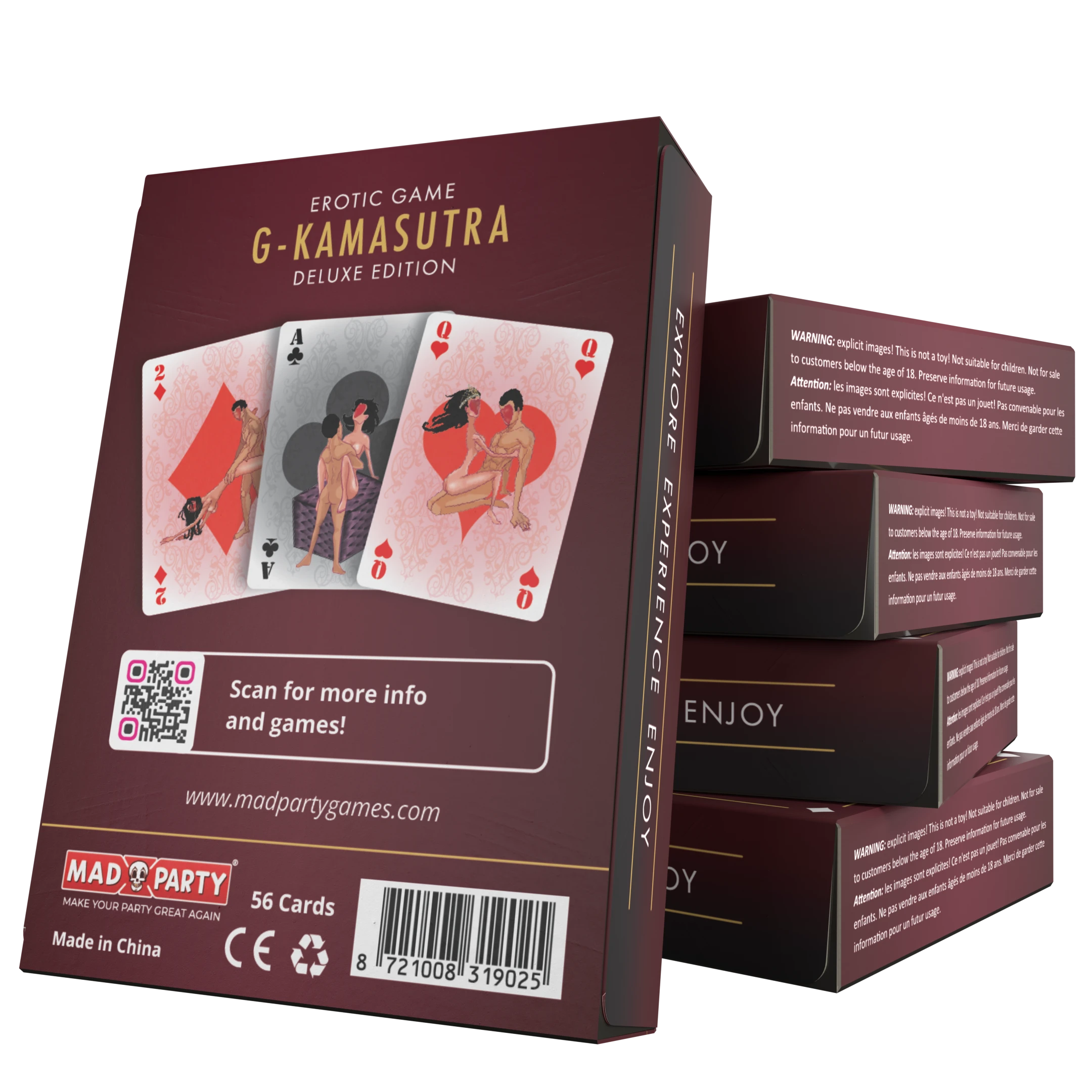 G-Kamasutra Deluxe Edition spelverpakking met bordeaux ontwerp, speelkaarten en illustraties zichtbaar op de voor- en achterkant.