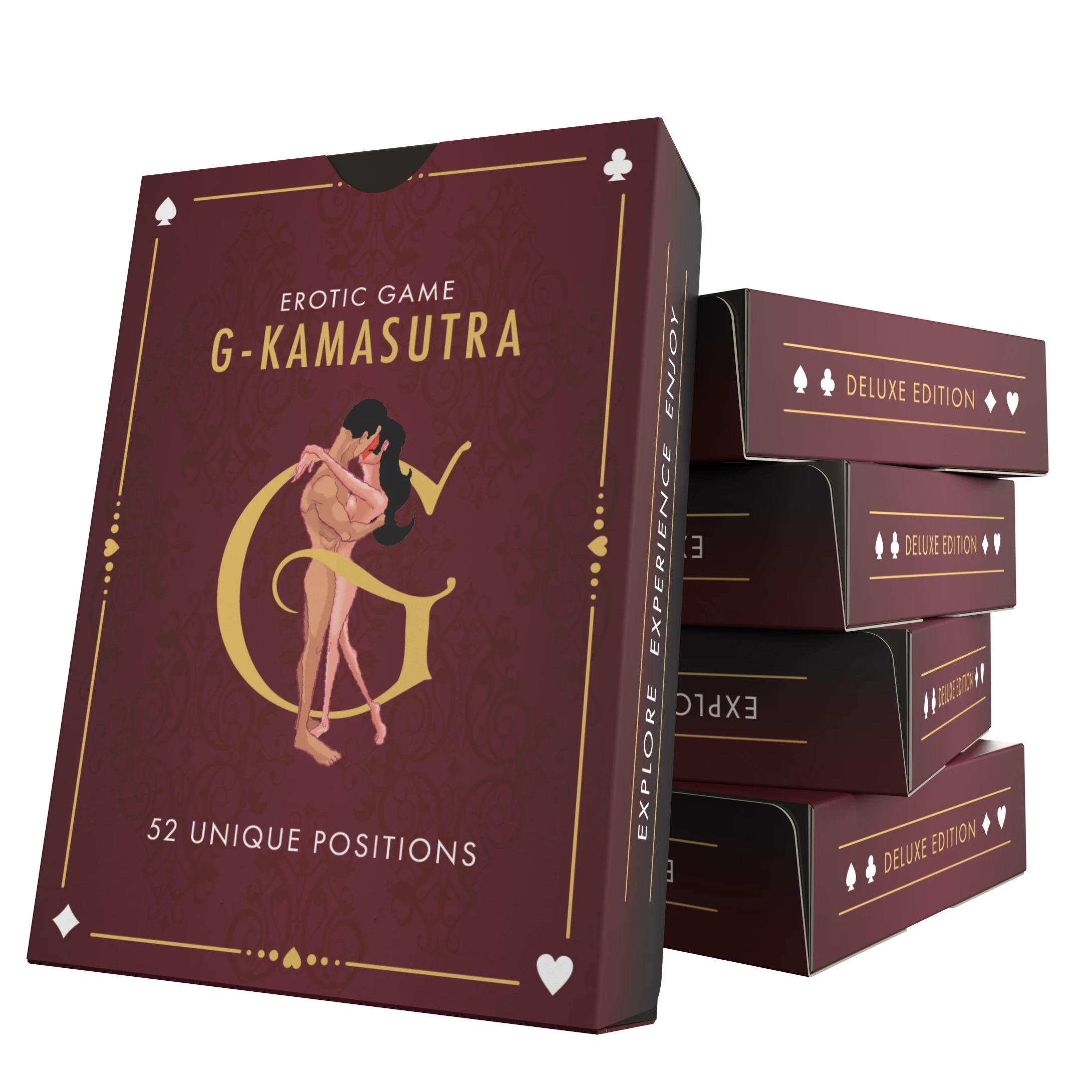 G-Kamasutra Deluxe Edition spelverpakking met bordeaux ontwerp, speelkaarten en illustraties zichtbaar op de voor- en achterkant.