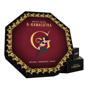 G-Kamasutra spelverpakking met zwart-rood ontwerp, gouden rand en illustraties zichtbaar op de voor- en achterkant van de doos.