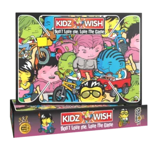 Kidz Wish bordspel verpakking met kleurrijke cartoonfiguren en spelinformatie zichtbaar op de voor- en achterkant van de doos.