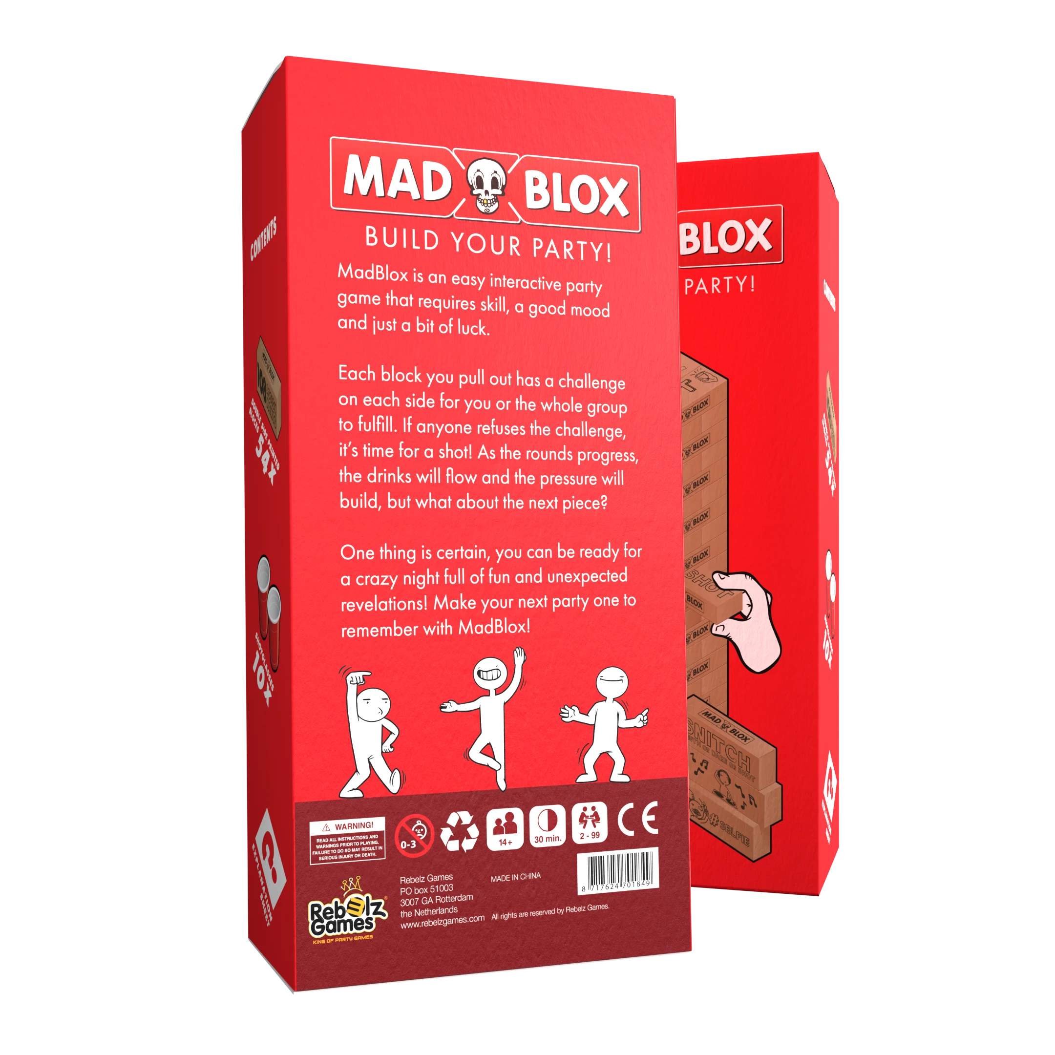 Mad Blox partyspel verpakking met houten blokkentoren, rode bekers en spelonderdelen zichtbaar op de voorkant van de doos.