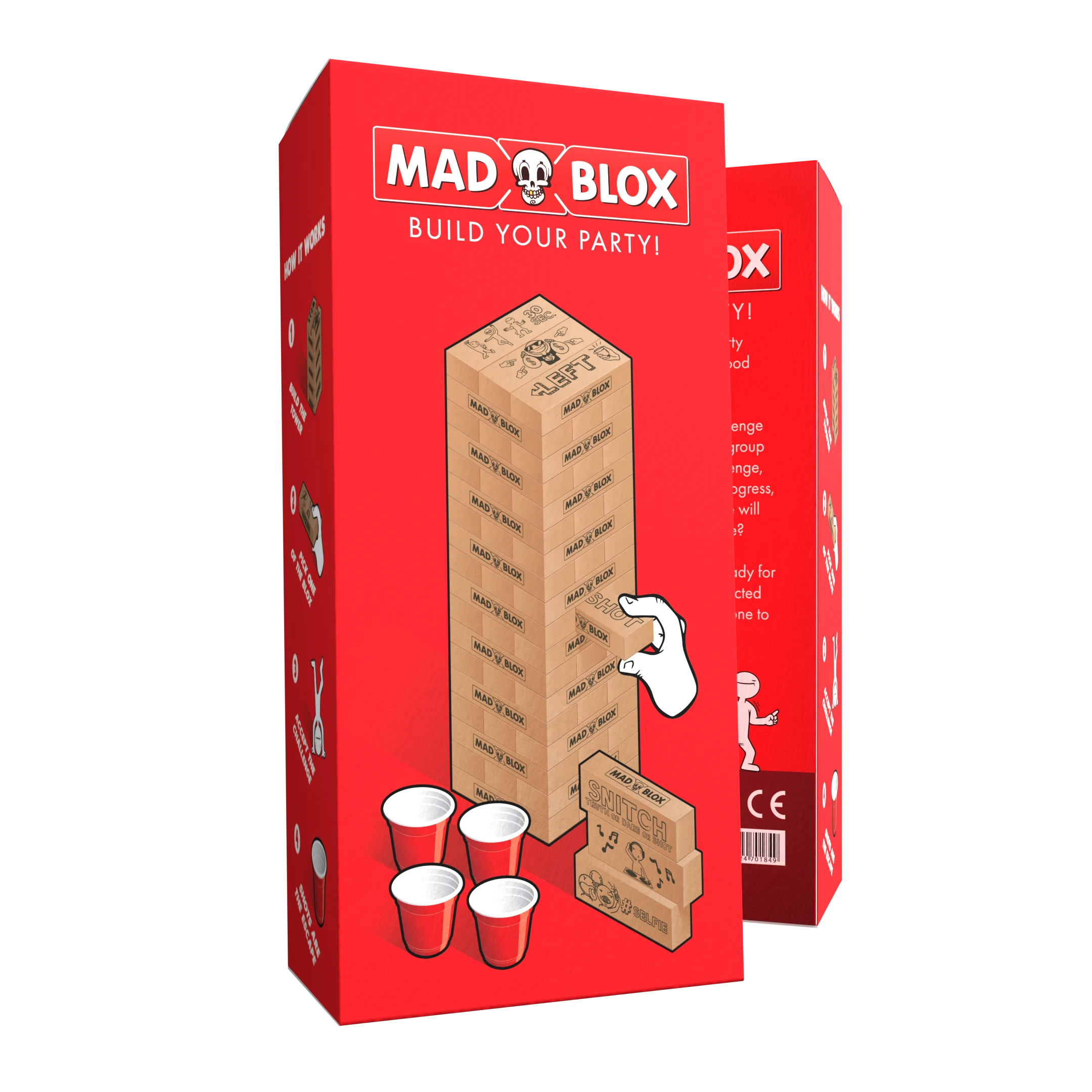 Mad Blox partyspel verpakking met houten blokkentoren, rode bekers en spelonderdelen zichtbaar op de voorkant van de doos.