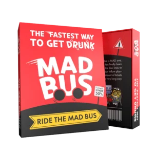 Mad Bus partyspel verpakking met rood ontwerp, verkeersborden en spelinformatie zichtbaar op de voor- en achterkant van de doos.