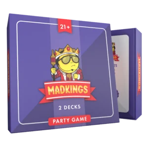 MadKings partyspel verpakking met paarse doos, kroonillustratie en spelinhoud zoals kaarten, dobbelsteen en shotglas zichtbaar.