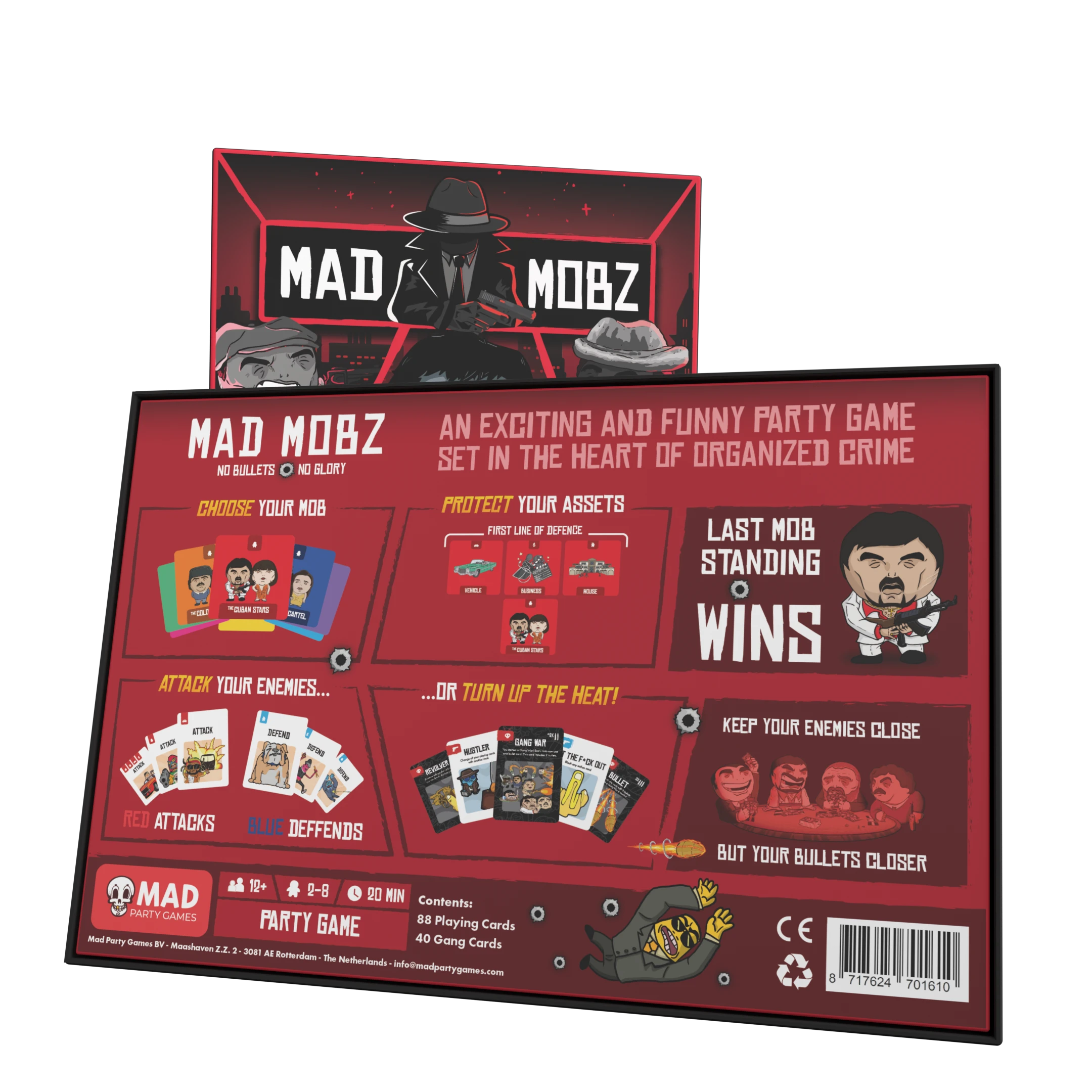Mad Mobz partyspel verpakking met maffiathema, cartoonfiguren en speluitleg zichtbaar op de voor- en achterkant van de doos.