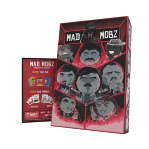 Mad Mobz partyspel verpakking met maffiathema, cartoonfiguren en speluitleg zichtbaar op de voor- en achterkant van de doos.