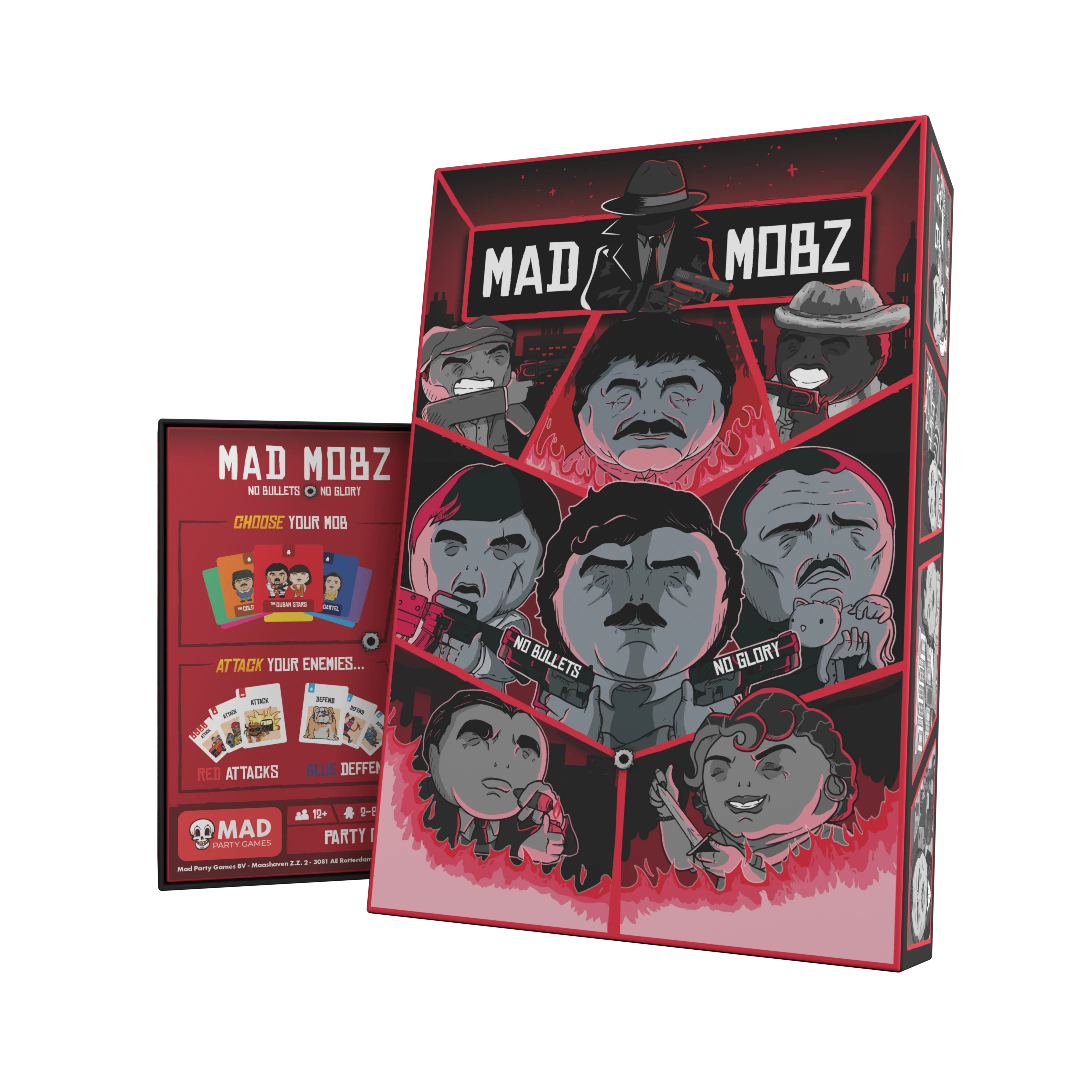 Mad Mobz partyspel verpakking met maffiathema, cartoonfiguren en speluitleg zichtbaar op de voor- en achterkant van de doos.