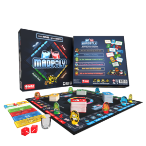 MadPoly drinking board game box and contents with cards, dice, and shot glass.
