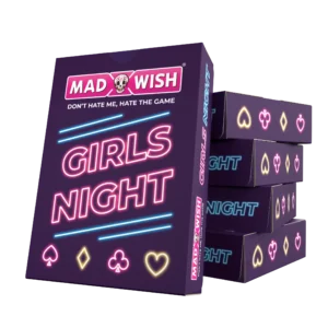 Mad Wish Girls Night kaartspel in paars design met neonletters, speelkaartsymbolen en voorbeeldkaarten voor een gezellige meidenavond.