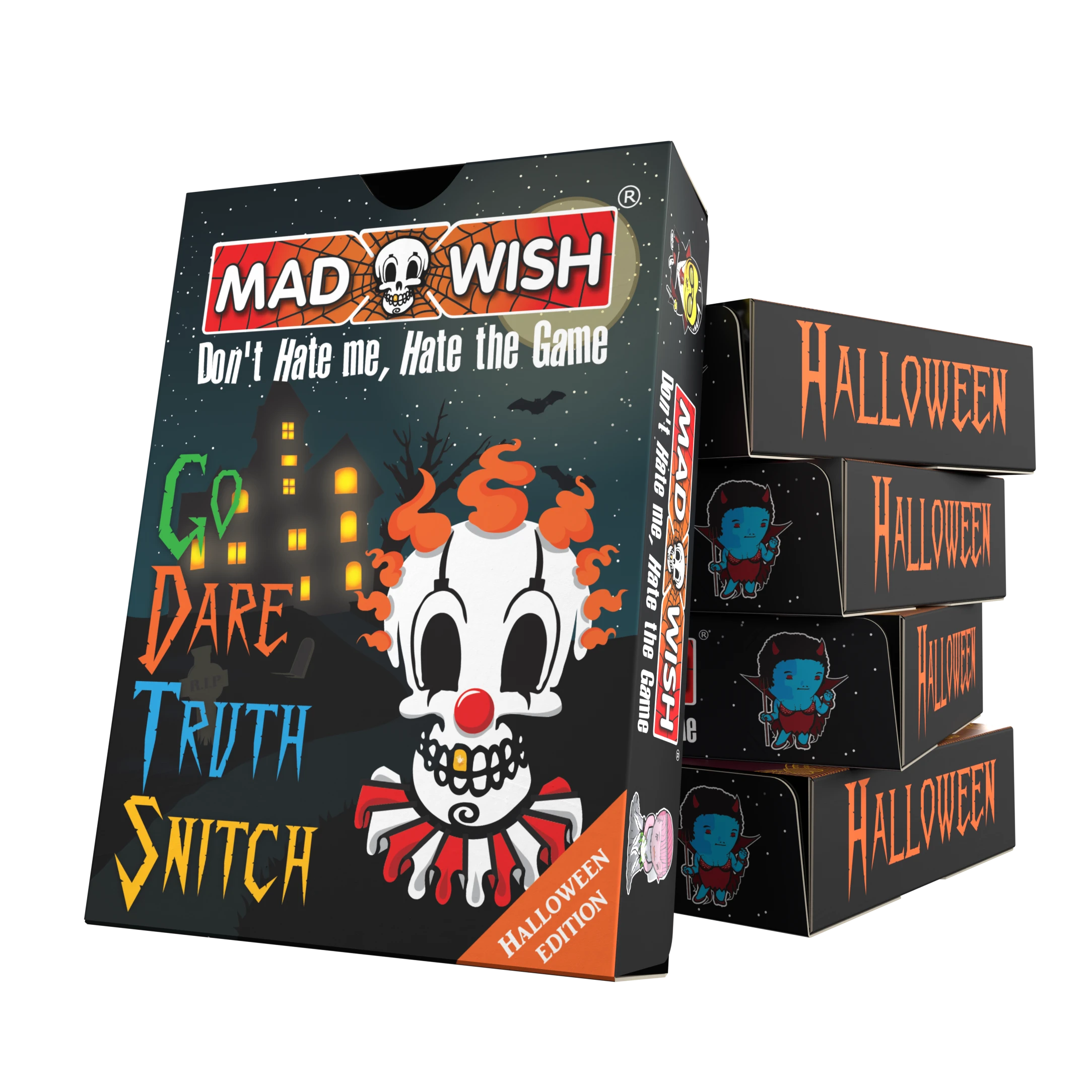 Mad Wish Halloween kaartspel verpakking met Halloween-thema, clownillustratie en speelkaarten zichtbaar op de voor- en achterkant van de doos.