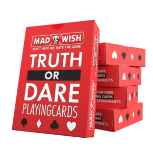 Mad Wish Truth or Dare speelkaarten verpakking met rode doos en voorbeeldkaarten zichtbaar op de voor- en achterkant.