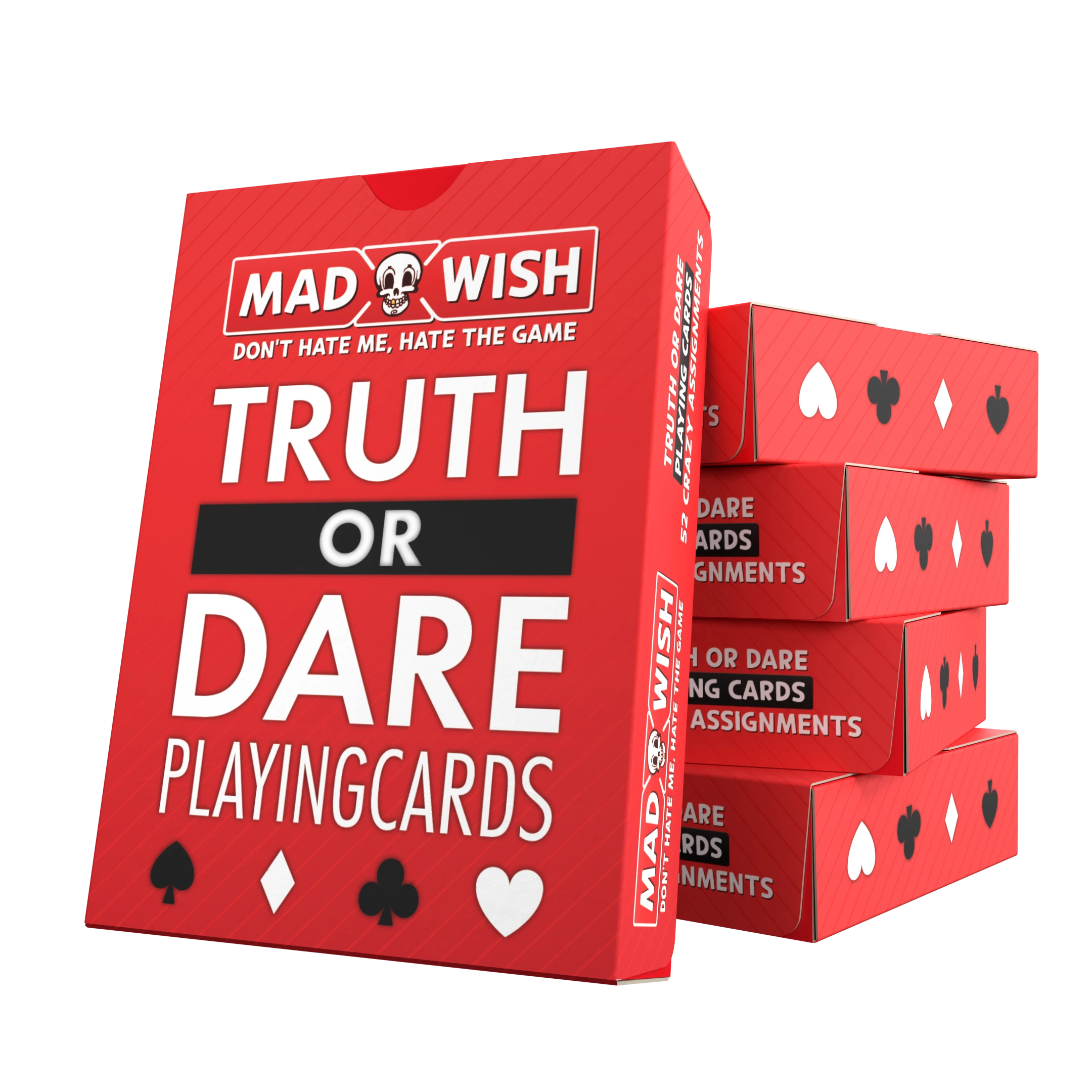 Mad Wish Truth or Dare speelkaarten verpakking met rode doos en voorbeeldkaarten zichtbaar op de voor- en achterkant.
