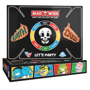 Mad Wish Pro partyspel verpakking met speelbord, draaischijf en kleurrijke illustraties zichtbaar op de voor- en achterkant van de doos.