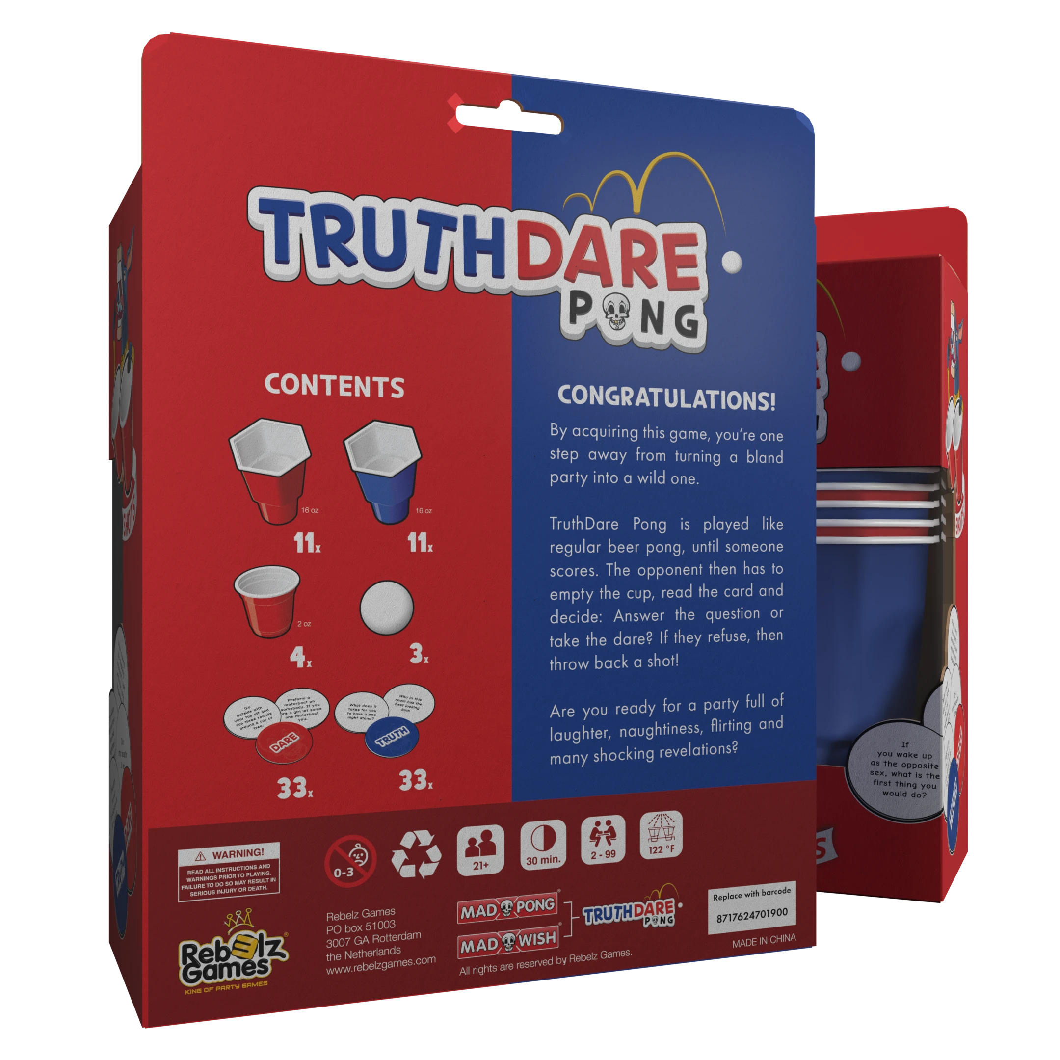 Truth Dare Pong partyspel verpakking met rode en blauwe bekers, pingpongballen en kaarten zichtbaar in open doos op de voorkant getoond.