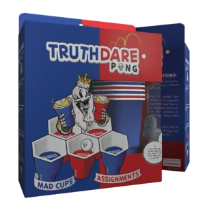 Truth Dare Pong partyspel verpakking met rode en blauwe bekers, pingpongballen en kaarten zichtbaar in open doos op de voorkant getoond.
