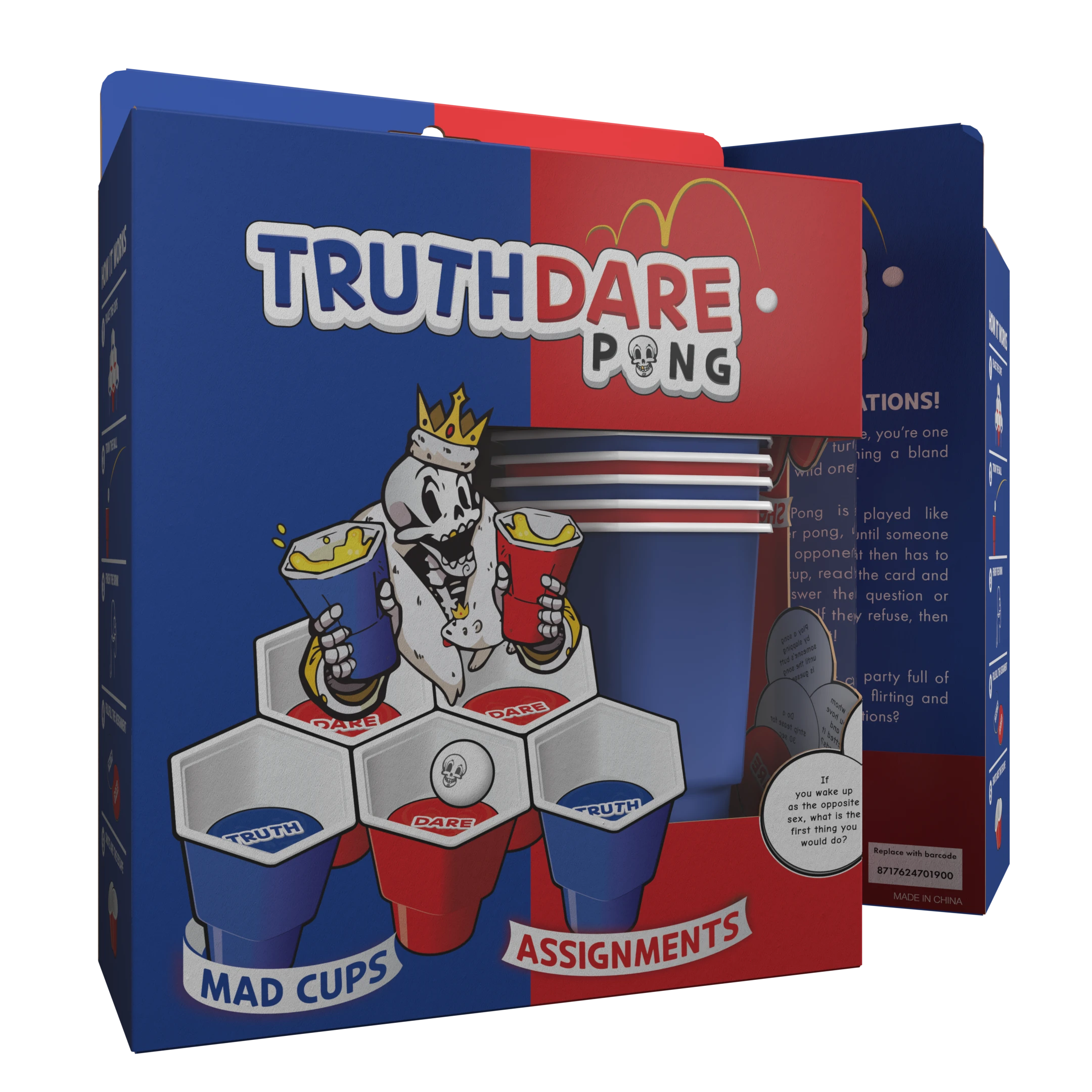 Truth Dare Pong partyspel verpakking met rode en blauwe bekers, pingpongballen en kaarten zichtbaar in open doos op de voorkant getoond.