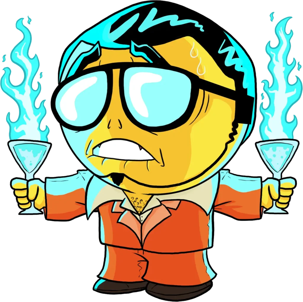 Mad Party Games character illustration for the Party Games category, holding two flaming cocktails