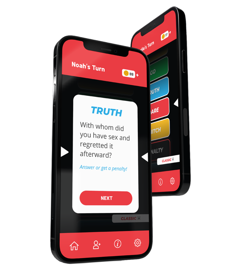 Mad Party Games mobile app screenshot showing a truth question screen for an adult party game