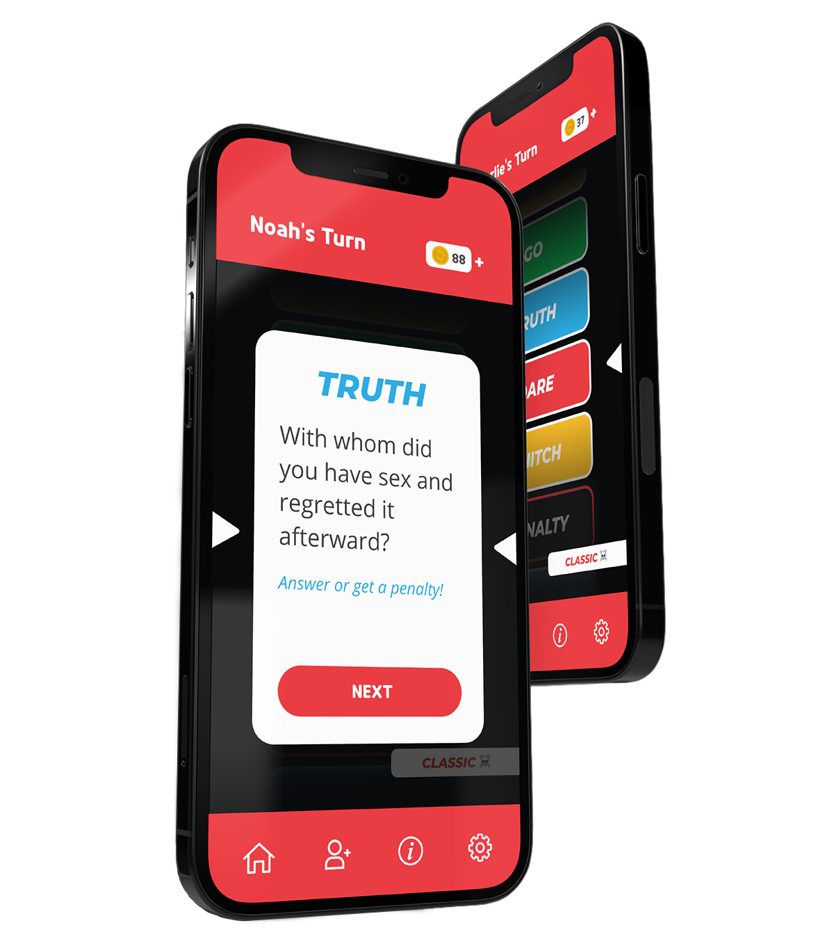 Mad Party Games mobile app screenshot showing a truth question screen for an adult party game