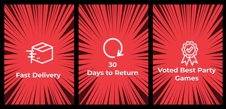 Three red feature panels showcasing our selling points: Fast Delivery, 30 Days to Return, and Voted Best Party Games, each with matching white icons.