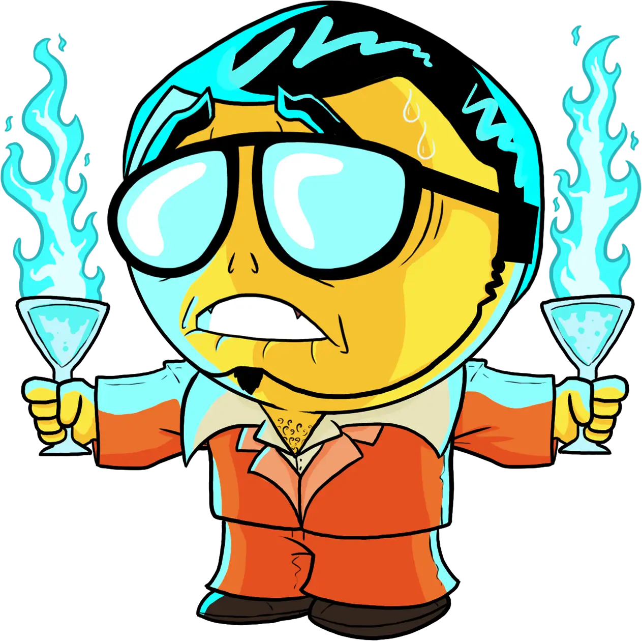 Mad Party Games character illustration for the Party Games category, holding two flaming cocktails